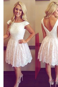 High End White Scoop Neckline Lace Prom Evening Gown Cap Sleeves Zipper