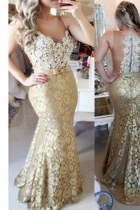 Glorious Gold Mermaid Lace Spaghetti Straps Sleeveless Lace and Belt Zipper Red Carpet Prom Dress Brush Train