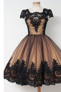 Black Cap Sleeves Tulle Zipper Prom Dress for Prom and Party
