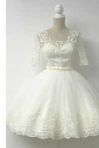 White Square Neckline Lace Homecoming Dress Half Sleeves Zipper