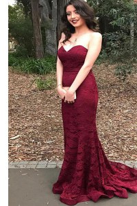 Elegant Mermaid Burgundy Sleeveless Lace Sweep Train Lace Up Evening Outfits for Prom