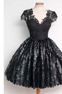 Custom Made Lace Knee Length Black Prom Party Dress V-neck Cap Sleeves Zipper