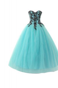 Aqua Blue Sleeveless Appliques Floor Length Evening Dress