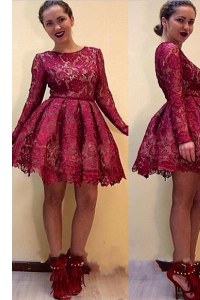 Scoop Red Zipper Prom Party Dress Lace Long Sleeves Knee Length