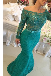 Mermaid Prom Party Dress Turquoise Off The Shoulder Lace Long Sleeves Floor Length Side Zipper
