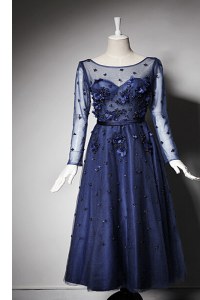 Low Price Scoop Tea Length Navy Blue Evening Dress Tulle Long Sleeves Beading and Hand Made Flower