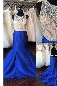 Romantic Mermaid Royal Blue Prom Dresses Scoop Sleeveless Sweep Train Backless