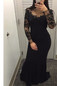 Mermaid Black Evening Party Dresses Prom and Party and For with Beading and Lace Bateau Long Sleeves Zipper
