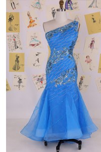 Mermaid One Shoulder Blue Sleeveless Chiffon Zipper Prom Homecoming Dress for Prom and Party