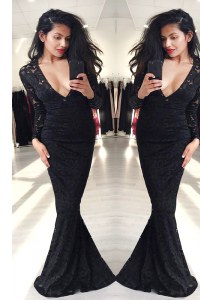 Hot Selling Mermaid Black Long Sleeves Lace Zipper Prom Dresses for Prom and Party
