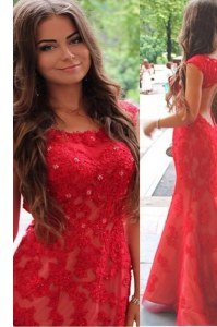 Adorable Sweep Train Mermaid Prom Dress Red Scoop Lace Cap Sleeves With Train Backless