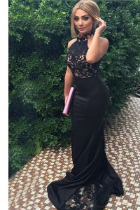 Sexy Mermaid Black Zipper Evening Dress Lace and Appliques Sleeveless With Train Sweep Train