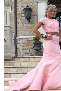 Rose Pink Mermaid Scoop Sleeveless Satin Sweep Train Backless Ruching Prom Evening Gown