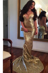 Adorable Mermaid Sequins Prom Gown Gold Backless Sleeveless With Train Sweep Train