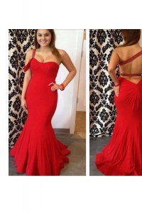 Mermaid Red One Shoulder Criss Cross Beading Evening Party Dresses Sleeveless