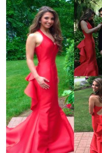 Vintage Mermaid Red Prom Gown Prom and For with Ruffles V-neck Sleeveless Court Train Zipper