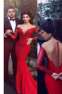 Wonderful Mermaid Scoop Red Long Sleeves Elastic Woven Satin Sweep Train Zipper Going Out Dresses for Prom and Party