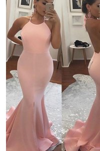 Gorgeous Mermaid With Train Peach Evening Outfits Spaghetti Straps Sleeveless Sweep Train Backless