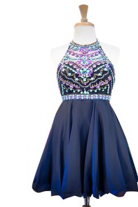 Mini Length Navy Blue Pageant Dress for Girls Halter Top Sleeveless Side Zipper