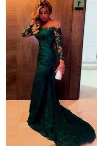 Pretty Mermaid Off the Shoulder Long Sleeves Lace Zipper Dress for Prom with Dark Green Sweep Train