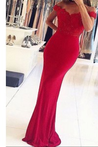 Mermaid Elastic Woven Satin Off The Shoulder Sleeveless Zipper Beading and Appliques Prom Gown in Red