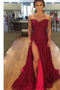 Adorable Off the Shoulder Burgundy Chiffon Zipper Evening Dress Sleeveless Sweep Train Beading and Pleated