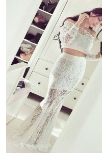 Pretty Mermaid Off the Shoulder Floor Length White Evening Party Dresses Lace Long Sleeves Lace