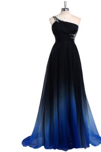 Navy Blue Prom Evening Gown Prom and Party and For with Beading One Shoulder Sleeveless Criss Cross
