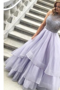 Captivating Scoop Sleeveless Organza Floor Length Zipper Dress for Prom in Lavender with Beading