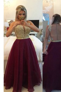 Burgundy Prom and Party and For with Beading and Appliques V-neck Sleeveless Zipper