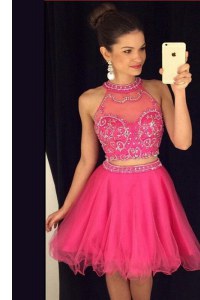 Clearance Hot Pink A-line Scoop Sleeveless Tulle Mini Length Zipper Beading Club Wear