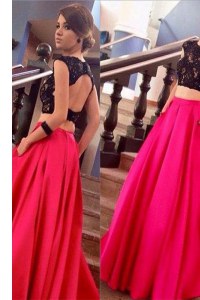 Pink And Black A-line Satin Scoop Short Sleeves Lace Backless Homecoming Dress Brush Train