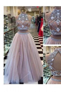 Pink Tulle Zipper High-neck Sleeveless Floor Length Prom Dresses Beading