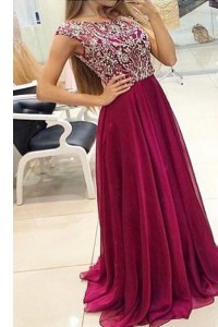 Sexy Burgundy A-line Bateau Cap Sleeves Chiffon With Train Sweep Train Zipper Beading Prom Evening Gown