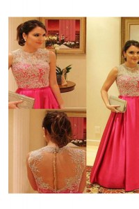Beauteous Red A-line Satin Scoop Sleeveless Lace Floor Length Zipper Dress for Prom