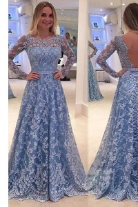 Latest Scoop Lace A-line Long Sleeves Blue High School Pageant Dress Sweep Train Backless