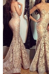 Romantic Mermaid Pleated Champagne Sleeveless Lace Sweep Train Zipper Prom Gown for Prom
