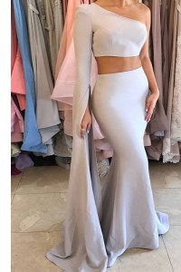 Sumptuous Mermaid One Shoulder Silver Long Sleeves Floor Length Ruching Side Zipper Going Out Dresses