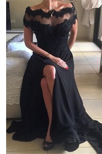 Luxurious Off the Shoulder Black Chiffon Backless Prom Gown Short Sleeves Sweep Train Beading and Lace