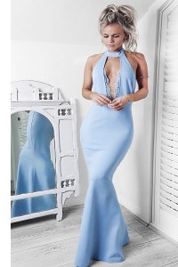 Mermaid Light Blue Halter Top Neckline Lace Homecoming Dress Sleeveless Backless