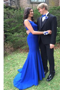 Mermaid Royal Blue Pageant Dress for Womens Prom and For with Beading Bateau Sleeveless Sweep Train Backless