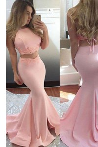 Spectacular Pink Mermaid Scoop Sleeveless Elastic Woven Satin With Train Sweep Train Backless Lace Prom Evening Gown