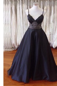 Exceptional Beading Homecoming Dress Black Backless Sleeveless With Train Sweep Train