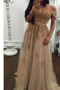 Champagne A-line Off The Shoulder Short Sleeves Tulle With Train Sweep Train Zipper Beading and Appliques Prom Gown