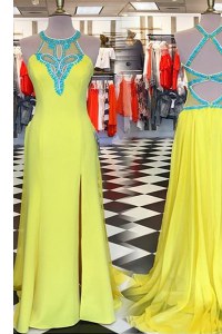 Delicate Sweep Train Column/Sheath Red Carpet Gowns Yellow Scoop Elastic Woven Satin Sleeveless With Train Backless