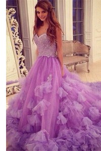 Sleeveless Court Train Beading and Hand Made Flower Backless Prom Dresses