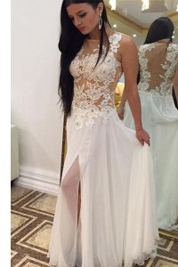 Traditional White Sleeveless Floor Length Beading and Lace Zipper Evening Dresses