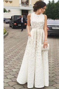 Luxurious Scoop White A-line Pleated Prom Gown Zipper Lace Sleeveless Floor Length