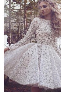 Long Sleeves Mini Length Lace Lace Up Prom Gown with White