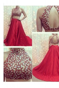 Noble Beading Formal Dresses Red Backless Sleeveless With Train Court Train